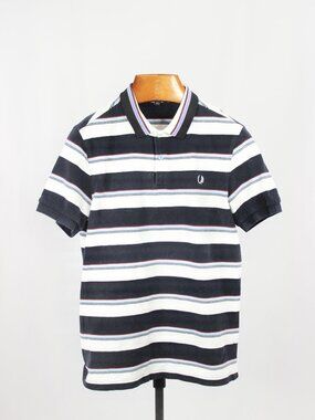 FRED PERRY White Navy Blue Striped 100% Cotton Short Sleeve Polo Shirt, Size L